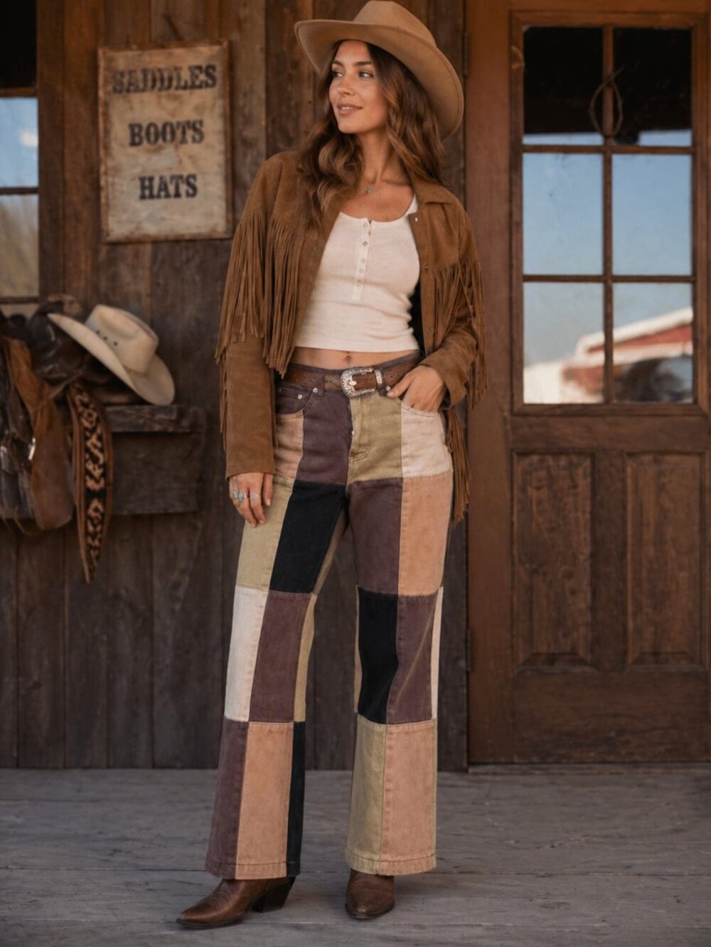 Signature8 Patchwork Straight Leg Jeans Size Medium Brown Colorblock Pants